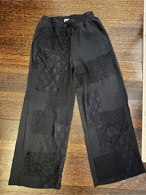 Origami Black Lace Panel Wide-Leg Pants